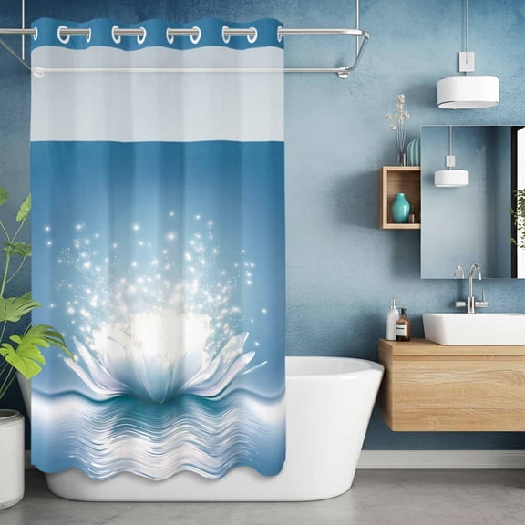 No Hook Shower Curtain with Snap in Liner, Meditation Lotus Flower Waterproof Fabric Bathroom Curtain Mesh Top Window, Asian Zen Spiritual Shower Curtains 36x72in