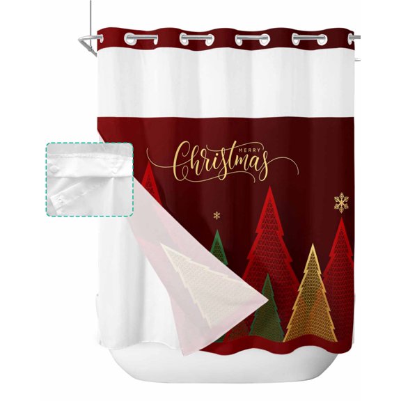 No Hook Shower Curtain with Snap in Liner, Merry Christmas Geometric Xmas Tree Red Background Hotel Shower Curtains for Bathroom, Washable Shower Curtain Liner Set with Mesh Top Window, 72”x78”