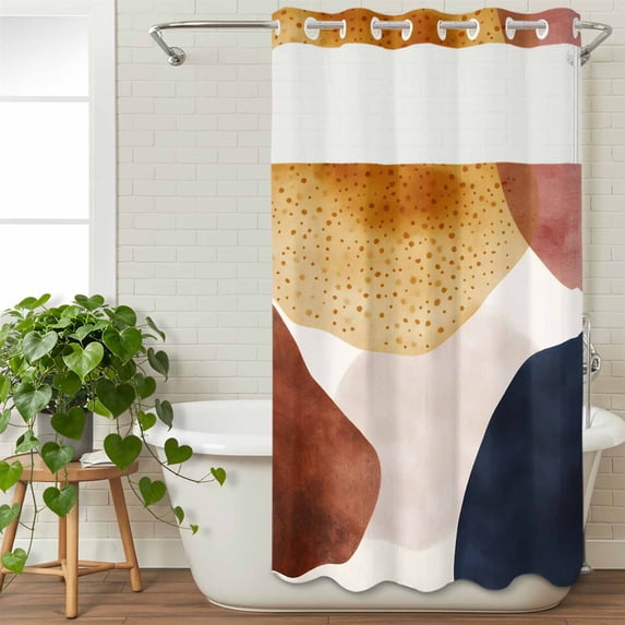 No Hook Shower Curtain with Snap in Liner,Mid Century Abstract Geometric Waterproof Bath Curtain with See Through Top Window,Color Block Terracotta Shower Curtains for Bathroom Decor,36x72in
