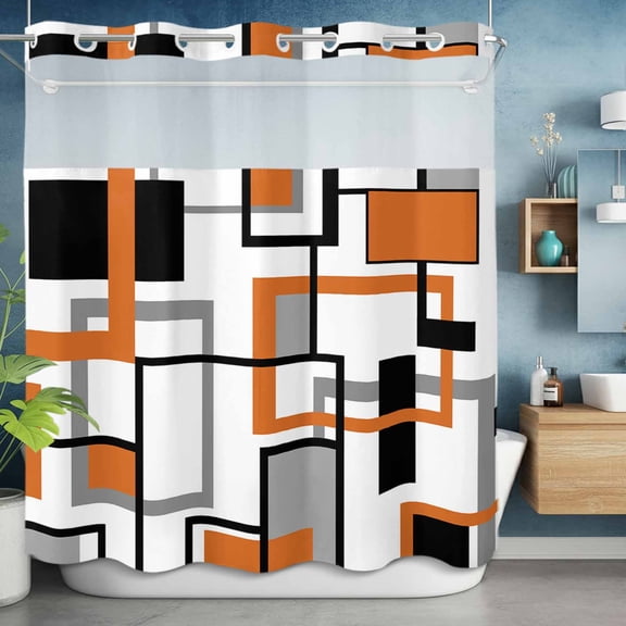 No Hook Shower Curtain with Snap in Liner, Mid Century Nordic Splicing Art Waterproof Fabric Bathroom Curtain Mesh Top Window, Colorful Rectangle Shower Curtains 72x72in