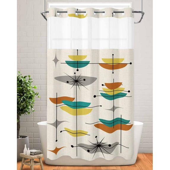 No Hook Shower Curtain with Snap in Liner,Mid Century Orange Abstract Geometric Waterproof Bath Curtain Double Layers with See Through Top Window,Teal Color Block Retro Linen Shower Curtains 36x72in
