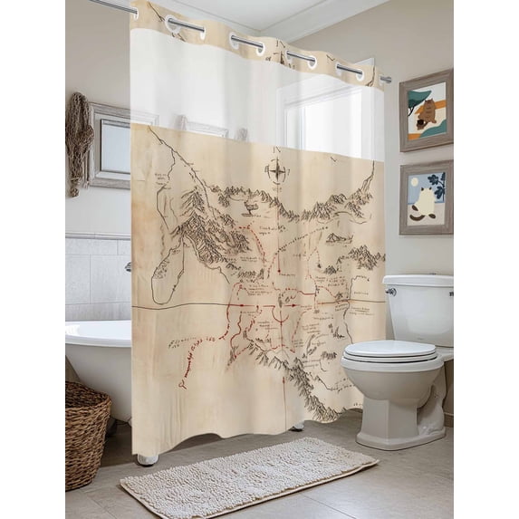 No Hook Shower Curtain with Snap in Liner, Middle Earth Map on Vintage Waterproof Bath Curtain Double Layers with See Through Top Window, Abstract Mountain Hotel Shower Curtains 72x84in