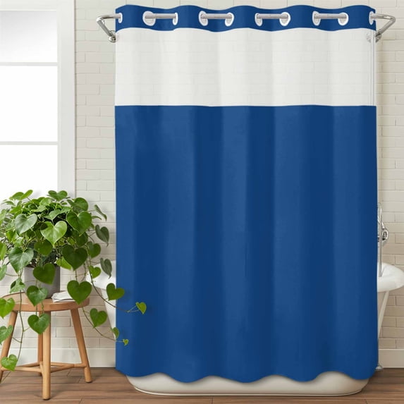 No Hook Shower Curtain with Snap in Liner, Minimalism Solid Navy Blue Waterproof Fabric Bathroom Curtain Mesh Top Window, Modern Pure Color Art Shower Curtains 48x72in