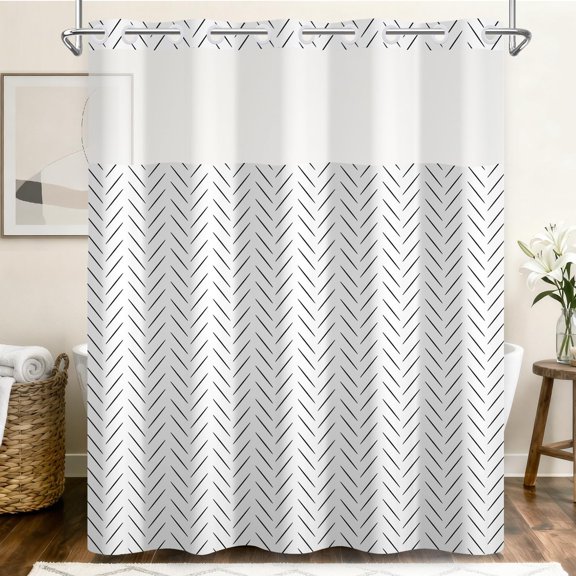 No Hook Shower Curtain with Snap in Liner, Minimalist Black and White Herringbone Geometric Shower Curtains for Modern Neutral Bathroom, Waterproof Bath Curtain with Mesh Top, 71x74 Inch