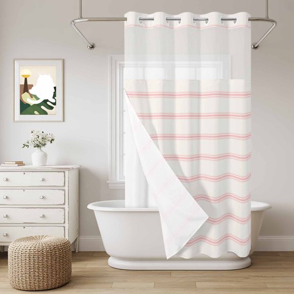 No Hook Shower Curtain with Snap in Liner, Minimalist Pink Stripe on Beige Curtain Set See-Through Top Double Layers Modern Pinstripes Line Art Shower Curtains for Bathroom Decor, 36x72in