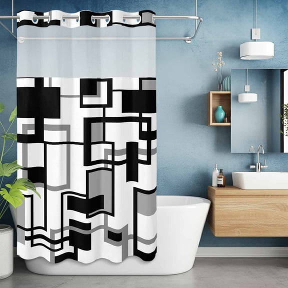 No Hook Shower Curtain with Snap in Liner, Minimalist Square Stripe Waterproof Fabric Bathroom Curtain Mesh Top Window, Black Grey Rectangle on White Shower Curtains 36x72in