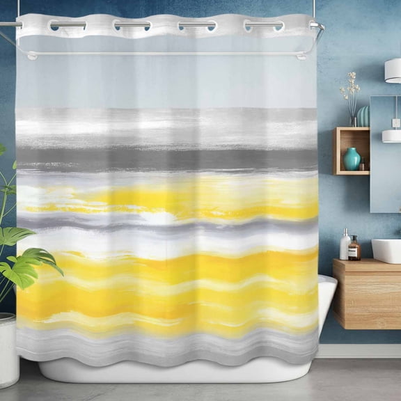 No Hook Shower Curtain with Snap in Liner, Modern Abstract Canvas Art Waterproof Fabric Bathroom Curtain Mesh Top Window, Yellow Gray Striped Shower Curtains 72x72in