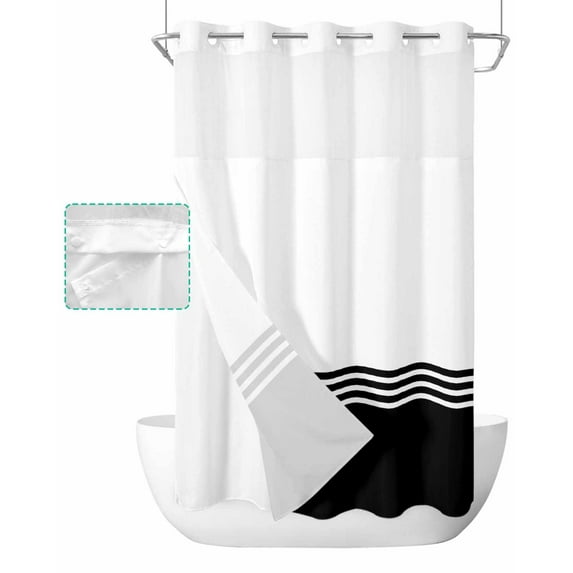 No Hook Shower Curtain with Snap in Liner, Modern Art Black White Simple Striped Farmhouse Hotel Shower Curtains for Bathroom, Washable Shower Curtain Liner Set with Mesh Top Window, 36"x72"