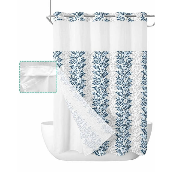 No Hook Shower Curtain with Snap in Liner, Modern Blue Leaf Pattern Art Design Hotel Shower Curtains for Bathroom, Washable Shower Curtain Liner Set with Mesh Top Window, 48"x72"