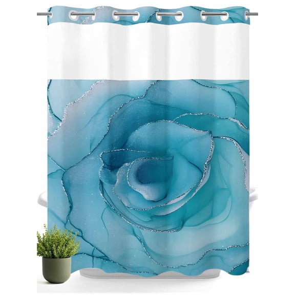 No Hook Shower Curtain with Snap in Liner,Modern Blue Ombre Rose Texture Waterproof Bath Curtain Double Layers with See Through Top Window,Silver Lines Seamless Hotel Shower Curtains 72x72in