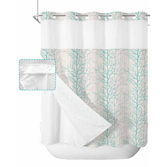 No Hook Shower Curtain with Snap in Liner, Modern Botanical Turquoise Teal Tree Branch Pattern Hotel Shower Curtains for Bathroom, Washable Shower Curtain Liner Set with Mesh Top Window, 72"x72"
