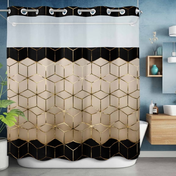 No Hook Shower Curtain with Snap in Liner, Modern Brown Black Geometric Texture Waterproof Fabric Bathroom Curtain Mesh Top Window, Abstract Gold Line Shower Curtains 72x72in