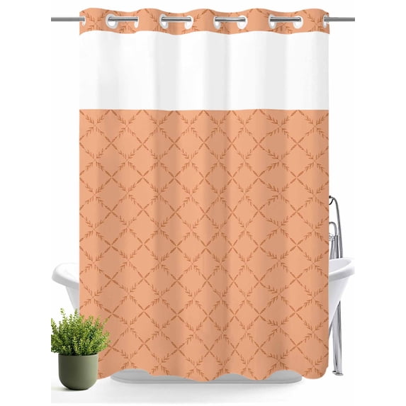 No Hook Shower Curtain with Snap in Liner,Modern Geometric Orange Plaid Waterproof Bath Curtain Double Layers with See Through Top Window,Abstract Diamond Leaf Texture Hotel Shower Curtains 60x72in