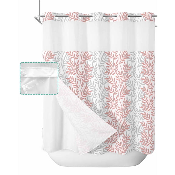 No Hook Shower Curtain with Snap in Liner, Modern Minimalist Leaf Pattern Hotel Shower Curtains for Bathroom, Washable Shower Curtain Liner Set with Mesh Top Window, 72"x72"