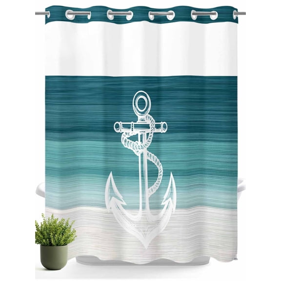 No Hook Shower Curtain with Snap in Liner,Modern Nautical Anchor Sketch Waterproof Bath Curtain Double Layers with See Through Top Window,Abstract Teal Gradient Texture Hotel Shower Curtains 72x72in
