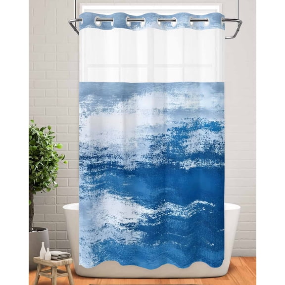 No Hook Shower Curtain with Snap in Liner,Modern Omber Blue Art Oil Panting Waterproof Bath Curtain Double Layers with See Through Top Window,Summer Cerulean Sky Hotel Shower Curtains 36x72in