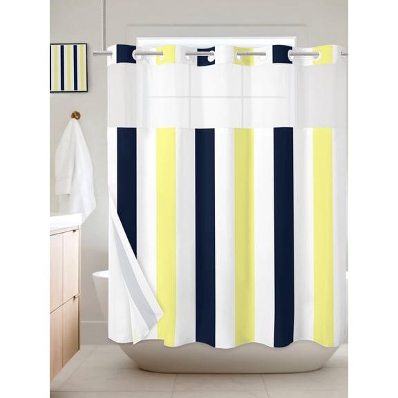 No Hook Shower Curtain with Snap in Liner, Modern White Navy Blue Yellow Stripe Waterproof Bath Curtain Double Layers with See Through Top Window, Minimalist Geometric Line Shower Curtains 72x72in