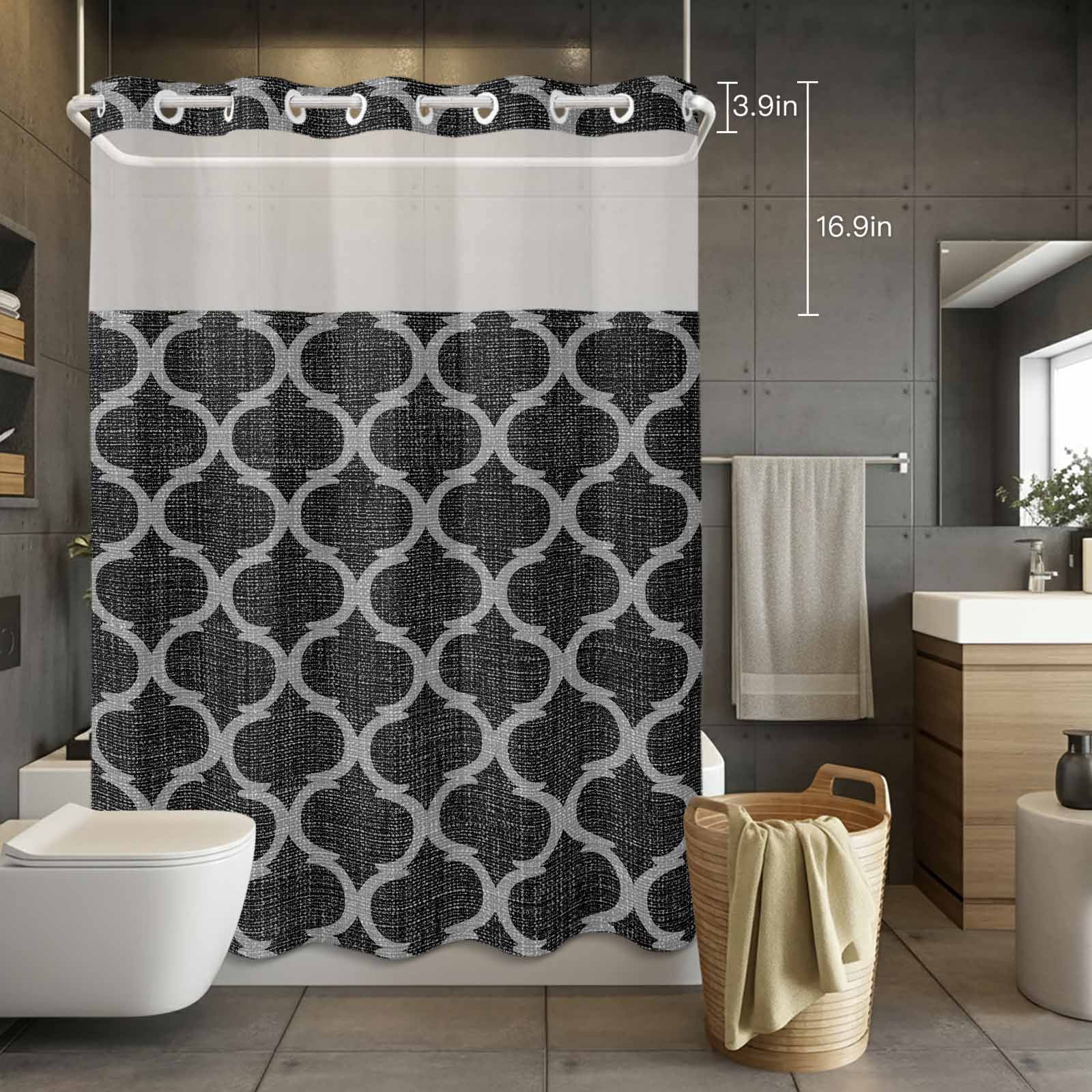 No Hook Shower Curtain with Snap in Liner, Moroccan Black Geometric