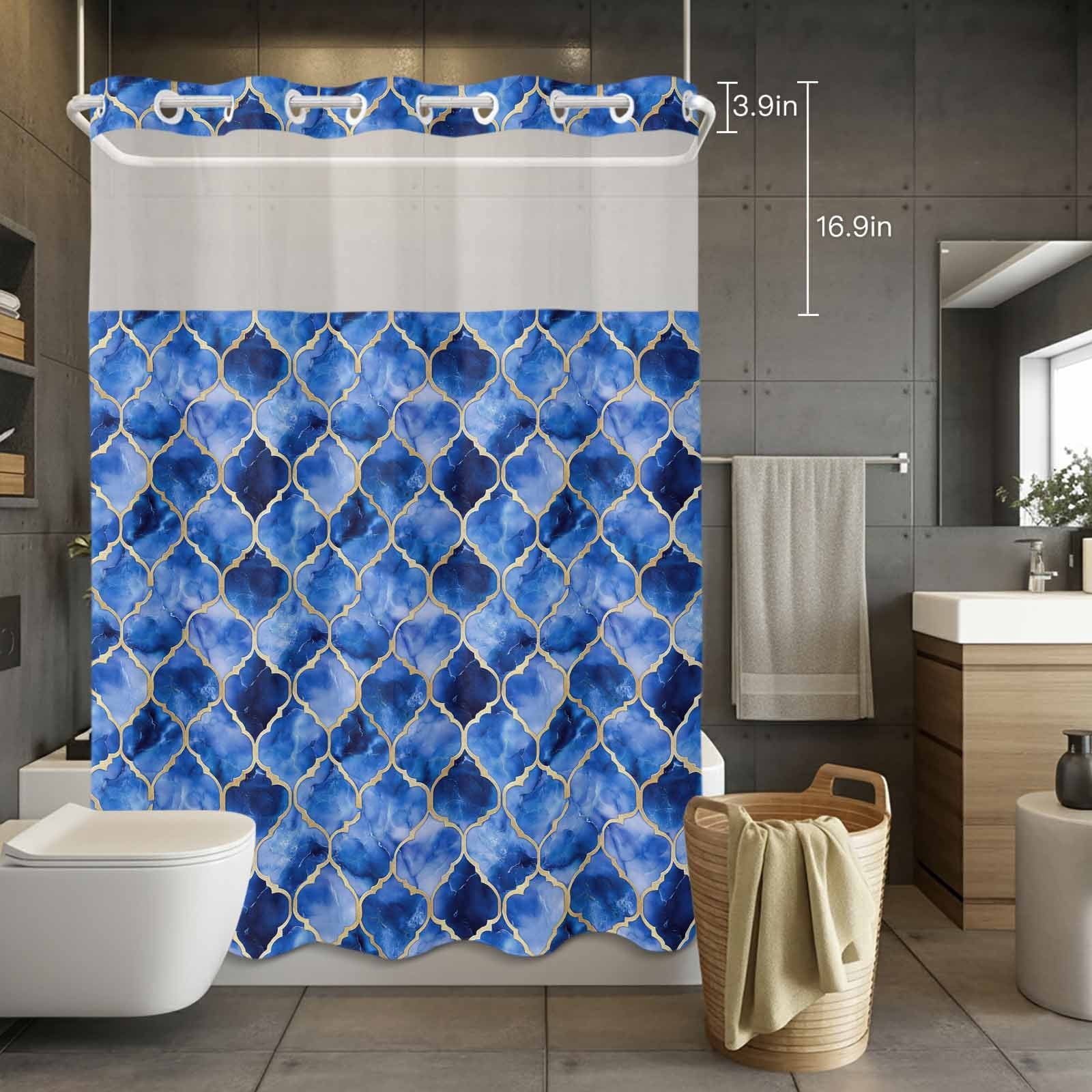 No Hook Shower Curtain with Snap in Liner, Moroccan Blue Gradient