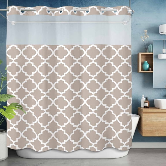 No Hook Shower Curtain with Snap in Liner, Morocco Tile Texture Beige White Waterproof Fabric Bathroom Curtain Mesh Top Window, Farmhouse Lattice Shower Curtains 72x72in