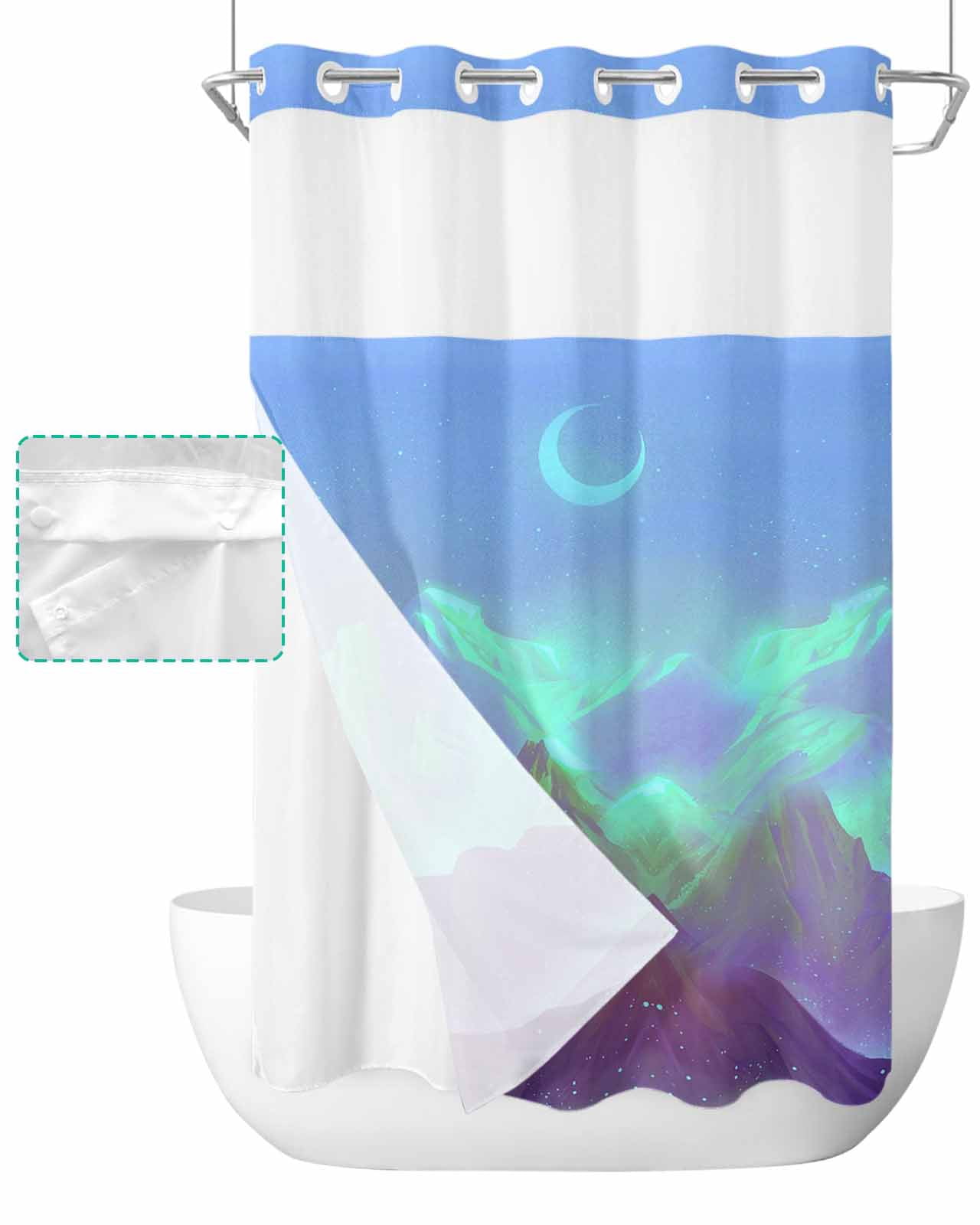 No Hook Shower Curtain with Snap in Liner, Mountain Moon Dreamy Starry