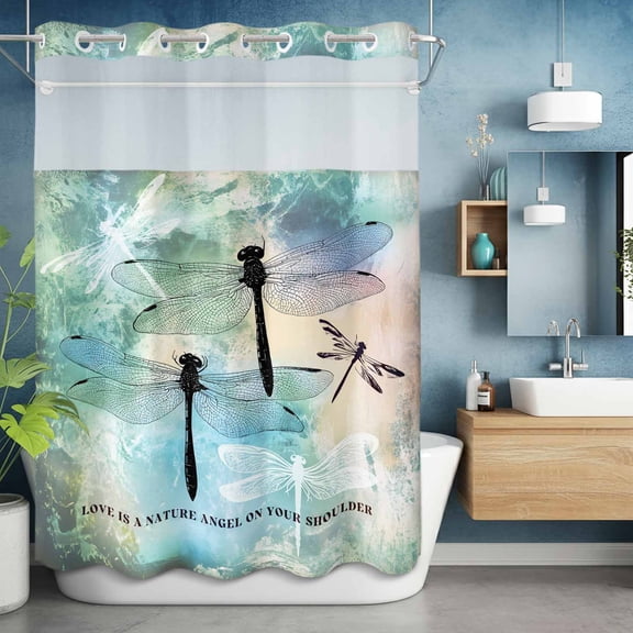 No Hook Shower Curtain with Snap in Liner, Natural Dragonfly Insects Waterproof Bath Curtain Double Layers with See Through Top Window, Abstract Color Gradient Art Hotel Shower Curtains 60x72in