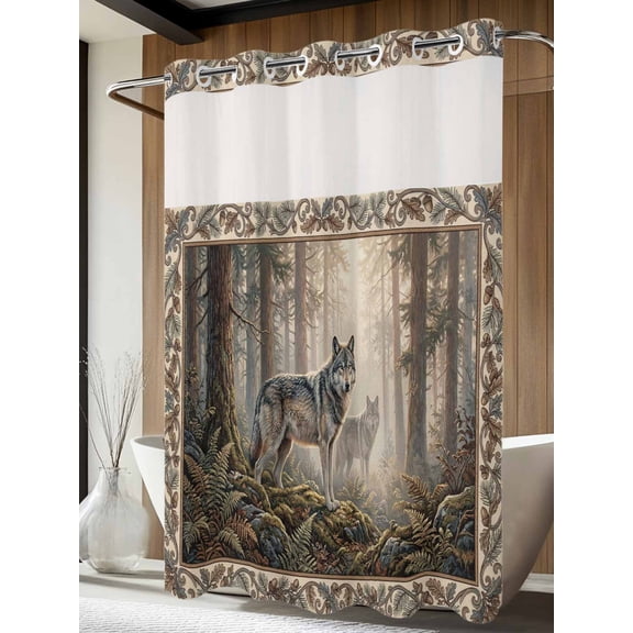 No Hook Shower Curtain with Snap in Liner, Natural Wild Wolf Forest Scenery Waterproof Bath Curtain Double Layers with See Through Top Window, Animal Botanical Tree Plant Shower Curtains 72x84in