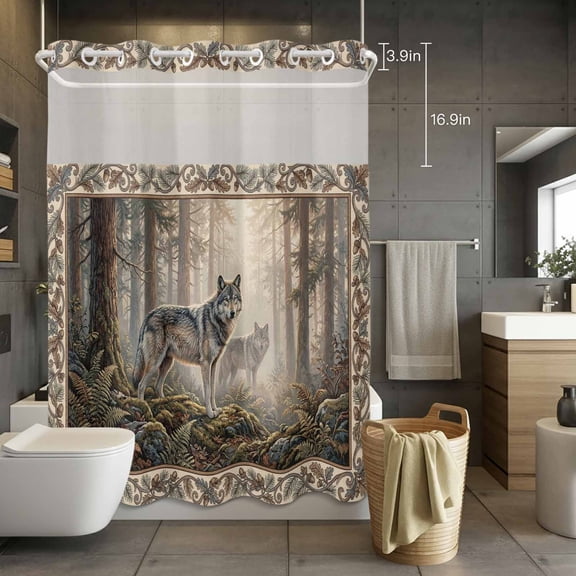 No Hook Shower Curtain with Snap in Liner, Natural Wild Wolf Forest Scenery Waterproof Fabric Bathroom Curtain Mesh Top Window, Animal Botanical Tree Plant Shower Curtains 72x84in