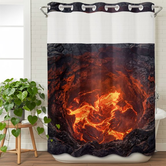 No Hook Shower Curtain with Snap in Liner, Nature Volcanic Lava Crater Waterproof Bathroom Curtain Mesh Top Window, Abstract Volcano Dark Abyss Fire Shower Curtains 48x72in