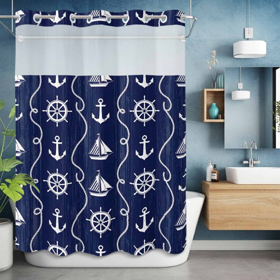 No Hook Shower Curtain with Snap in Liner, Nautical Anchor Sailboat Waterproof Bath Curtain Double Layers with See Through Top Window, Deep Navy Blue Background Hotel Shower Curtains 60x72in