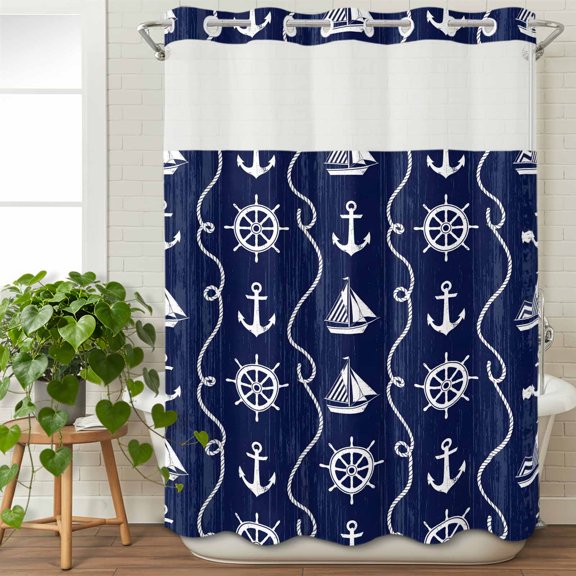 No Hook Shower Curtain with Snap in Liner, Nautical Anchor Sailboat Waterproof Bath Curtain Double Layers with See Through Top Window, Deep Navy Blue Background Hotel Shower Curtains 48x72in
