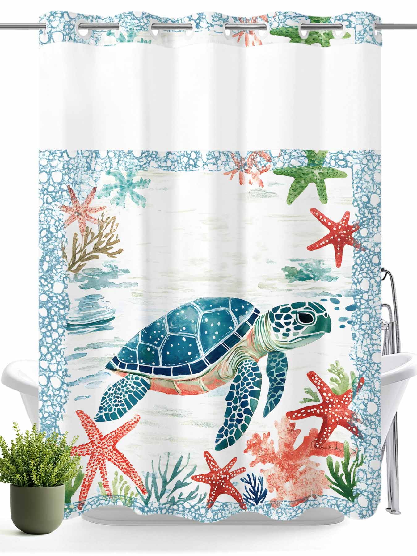 No Hook Shower Curtain with Snap in Liner,Nautical Blue Sea Turtle Starfish Waterproof Bath Curtain Double Layers with See Through Top Window,Ocean Coral Retro Border Hotel Shower Curtains 60x72in