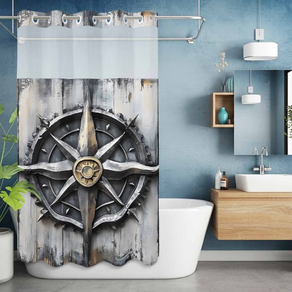 No Hook Shower Curtain with Snap in Liner, Nautical Compass Wood Board Waterproof Bath Curtain Double Layers with See Through Top Window, Vintage Coastal Theme Hotel Shower Curtains 36x72in
