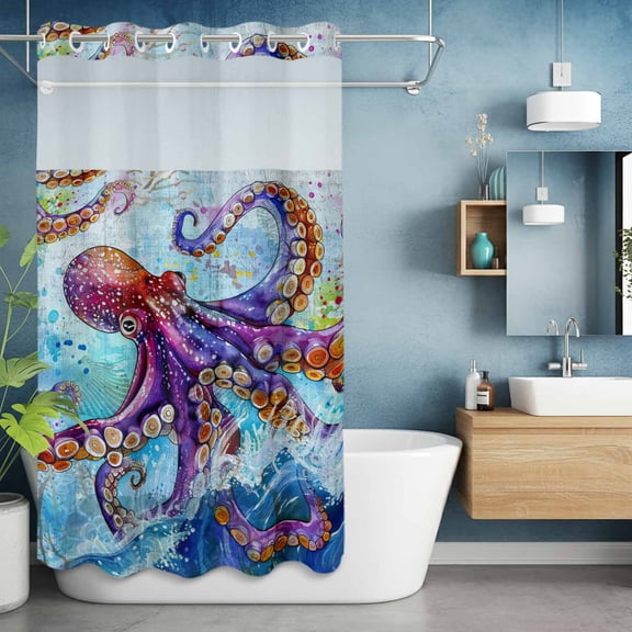 No Hook Shower Curtain with Snap in Liner, Nautical Ocean Sea Monster Octopus Waterproof Fabric Bathroom Curtain Mesh Top Window, Coastal Gradient Sealife Art Shower Curtains 36x72in