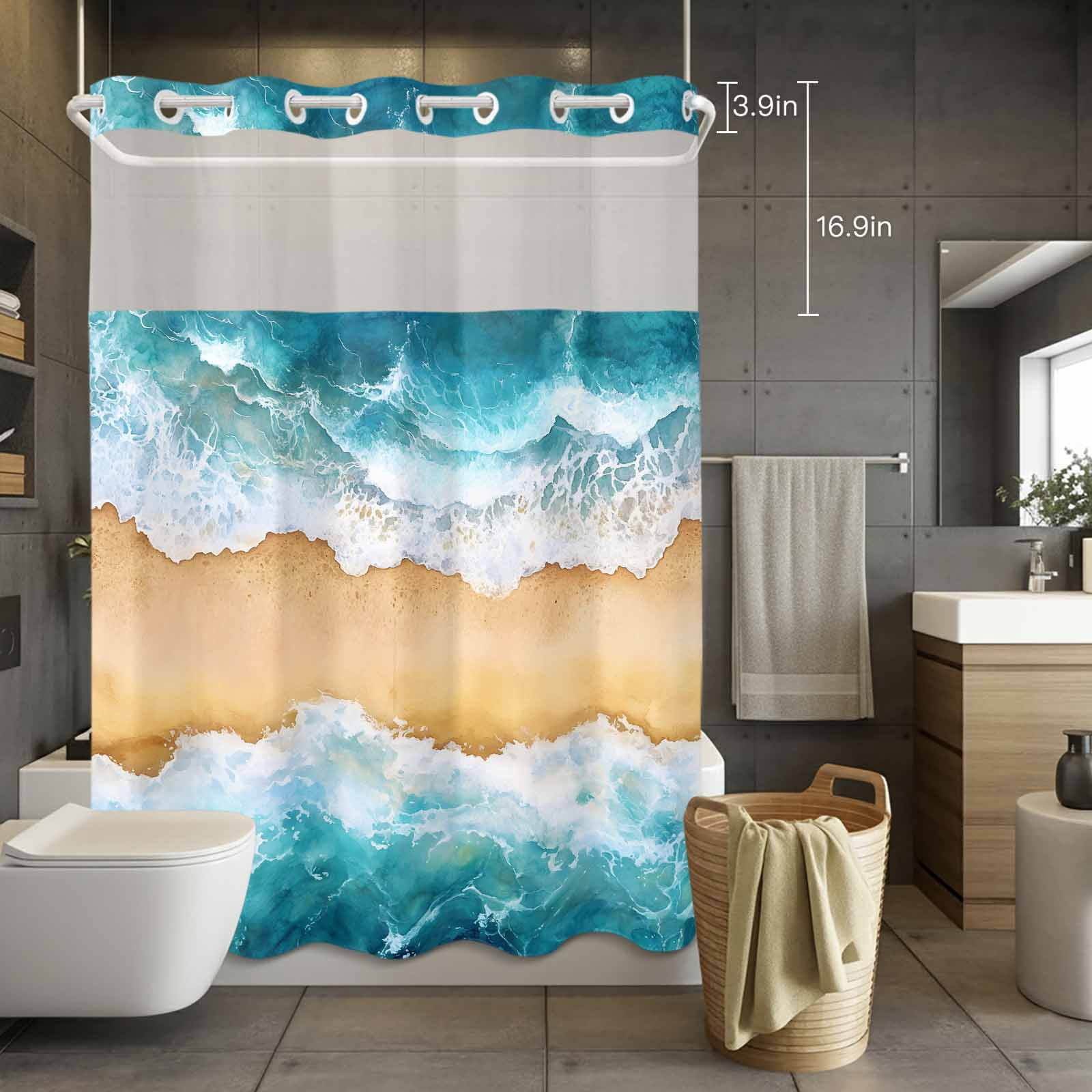 No Hook Shower Curtain with Snap in Liner, Nautical Ocean Sea Wave