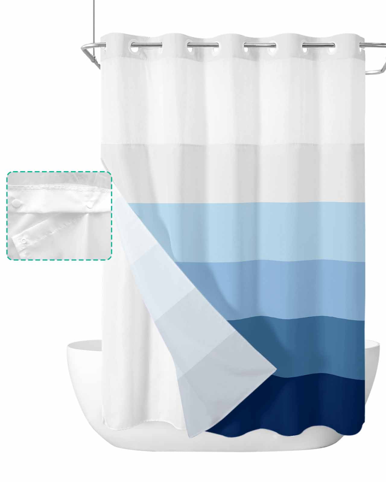No Hook Shower Curtain with Snap in Liner, Navy Blue Striped Gradient Rustic Wood Board Hotel Shower Curtains for Bathroom, Washable Shower Curtain Liner Set with Mesh Top Window, 72"x84"