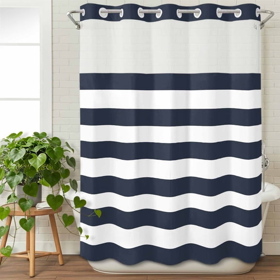No Hook Shower Curtain with Snap in Liner, Navy Blue and White Stripe Waterproof Fabric Bathroom Curtain Mesh Top Window, Classic Texture Shower Curtains 48x72in