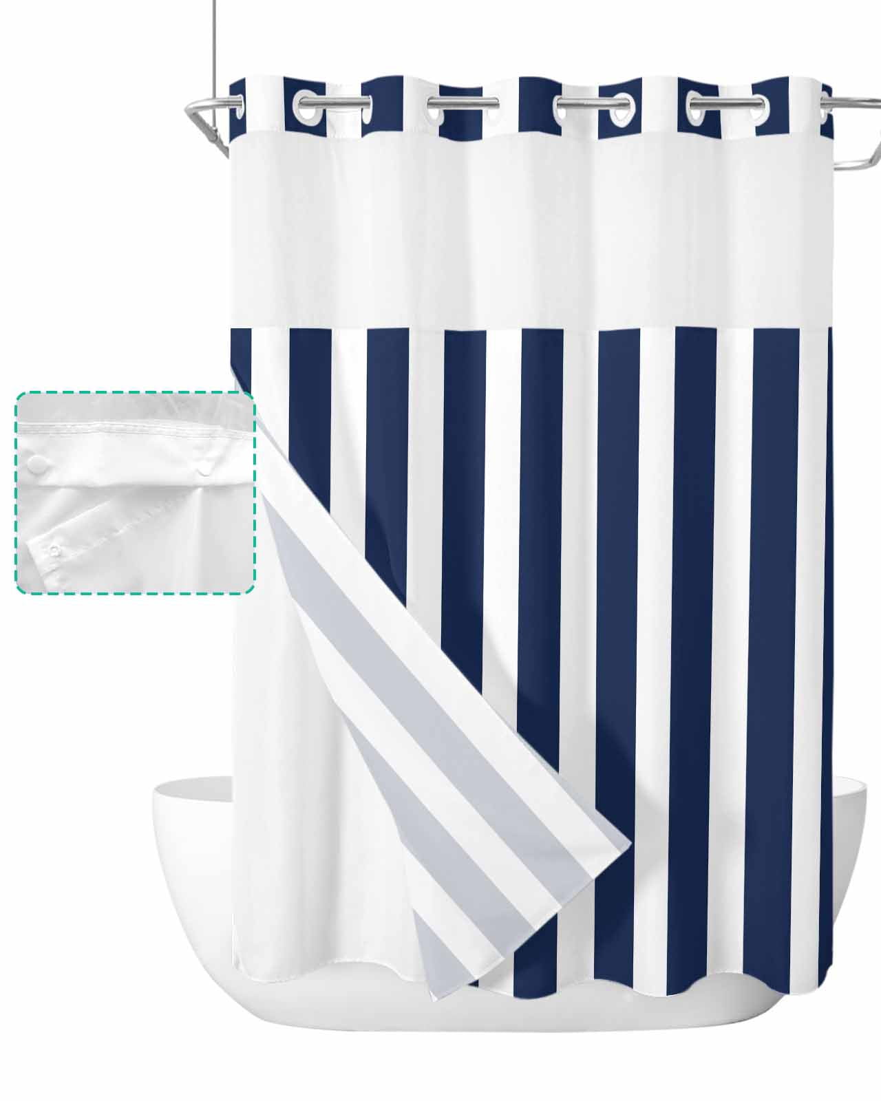 No Hook Shower Curtain with Snap in Liner, Navy Blue and White Striped Geometric Hotel Shower Curtains for Bathroom, Washable Shower Curtain Liner Set with Mesh Top Window, 72"x96"