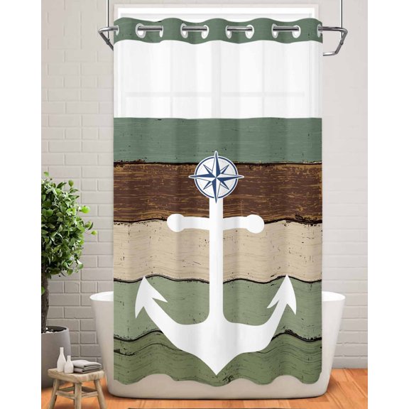 No Hook Shower Curtain with Snap in Liner,Ocean Anchor Compass Waterproof Bath Curtain Double Layers with See Through Top Window,Farm Sage Green Wood Board Hotel Shower Curtains 36x72in