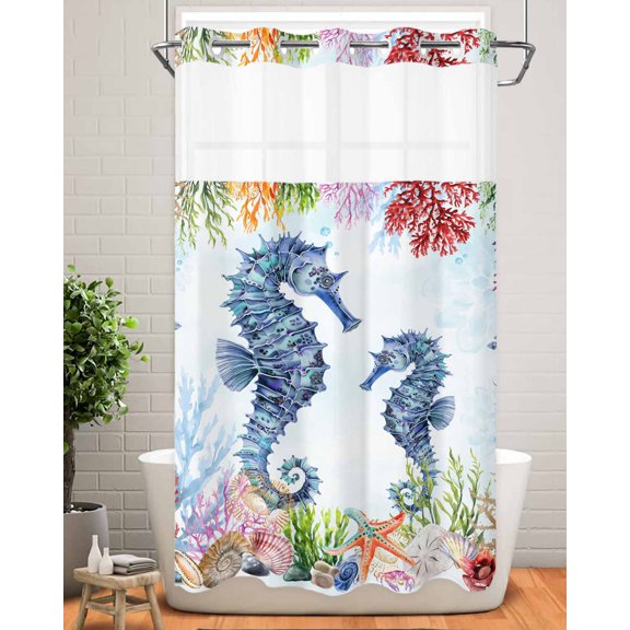 No Hook Shower Curtain with Snap in Liner,Ocean Blue Seahorse Shell Conch Waterproof Bath Curtain Double Layers with See Through Top Window,Colorful Coral Fish Hotel Shower Curtains 36x72in
