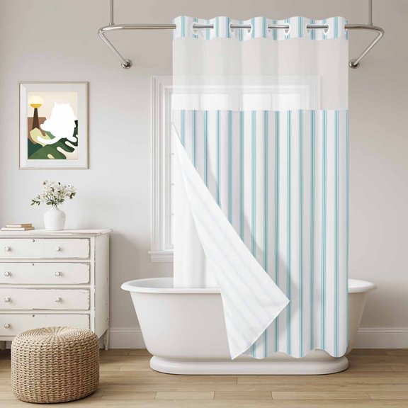 No Hook Shower Curtain with Snap in Liner, Ocean Blue Stripes Seamless Ticking Stripe Curtain Set See-Through Top Double Layers Farmhouse Pinstripe Shower Curtains for Bathroom Decor, 36x72in