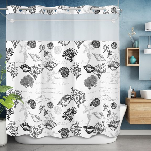 No Hook Shower Curtain with Snap in Liner, Ocean Grey Shell Coral Starfish Waterproof Fabric Bathroom Curtain Mesh Top Window, Abstract Marine Life Shower Curtains 72x72in