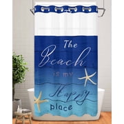 No Hook Shower Curtain with Snap in Liner,Ocean Happy Beach Place Words Waterproof Bath Curtain Double Layers with See Through Top Window,Starfish Gradient Blue Wooden Hotel Shower Curtains 36x72in