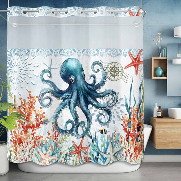 No Hook Shower Curtain with Snap in Liner, Ocean Octopus Coral Starfish Waterproof Fabric Bathroom Curtain Mesh Top Window, Sea Monster Blue Underwater World Shower Curtains 72x72in