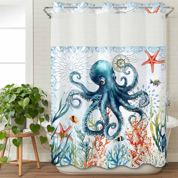 No Hook Shower Curtain with Snap in Liner, Ocean Octopus Coral Starfish Waterproof Fabric Bathroom Curtain Mesh Top Window, Sea Monster Blue Underwater World Shower Curtains 48x72in