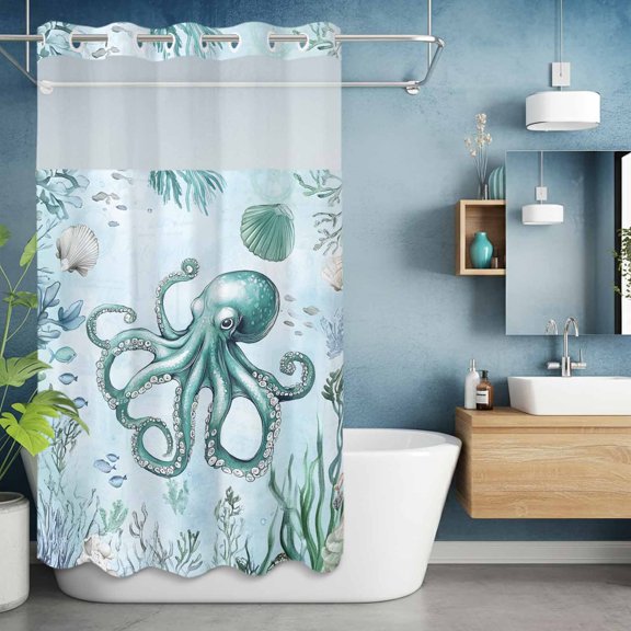 No Hook Shower Curtain with Snap in Liner, Ocean Octopus Shell Seaweed Waterproof Fabric Bathroom Curtain Mesh Top Window, Sea Monster Underwater World Shower Curtains 36x72in