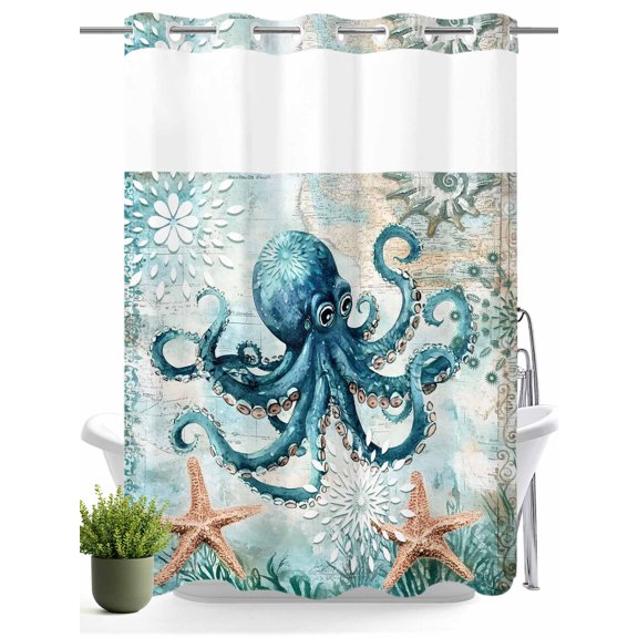 No Hook Shower Curtain with Snap in Liner,Ocean Octopus Starfish Monster Waterproof Bath Curtain Double Layers with See Through Top Window,Sea Coral Vintage Map Hotel Shower Curtains 60x72in