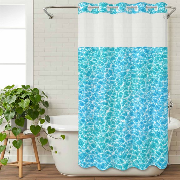 No Hook Shower Curtain with Snap in Liner, Ocean Wave Water Ripple Curtain Set See-Through Top Double Layers Summer Poolside Texture Shower Curtains for Bathroom Decor, 36x72in