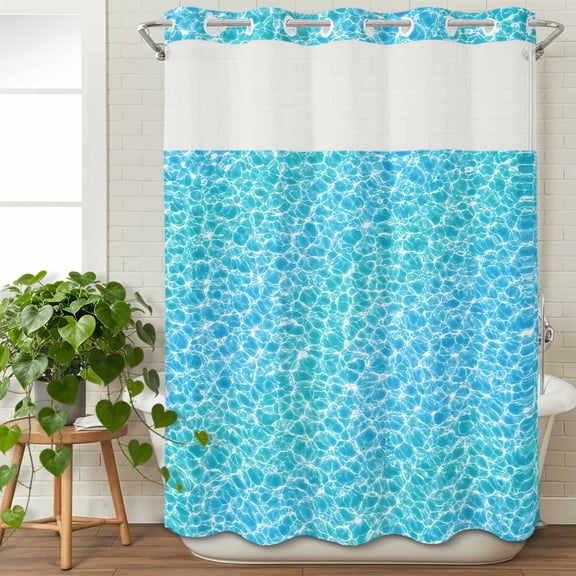 No Hook Shower Curtain with Snap in Liner, Ocean Wave Water Ripple Waterproof Bath Curtain Double Layers with See Through Top Window, Summer Poolside Texture Hotel Shower Curtains 48x72in