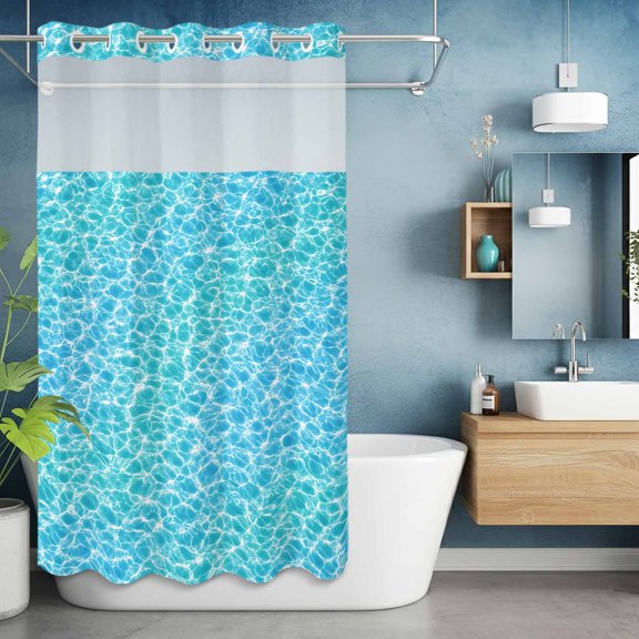 No Hook Shower Curtain with Snap in Liner, Ocean Wave Water Ripple Waterproof Fabric Bathroom Curtain Mesh Top Window, Summer Poolside Texture Shower Curtains 36x72in